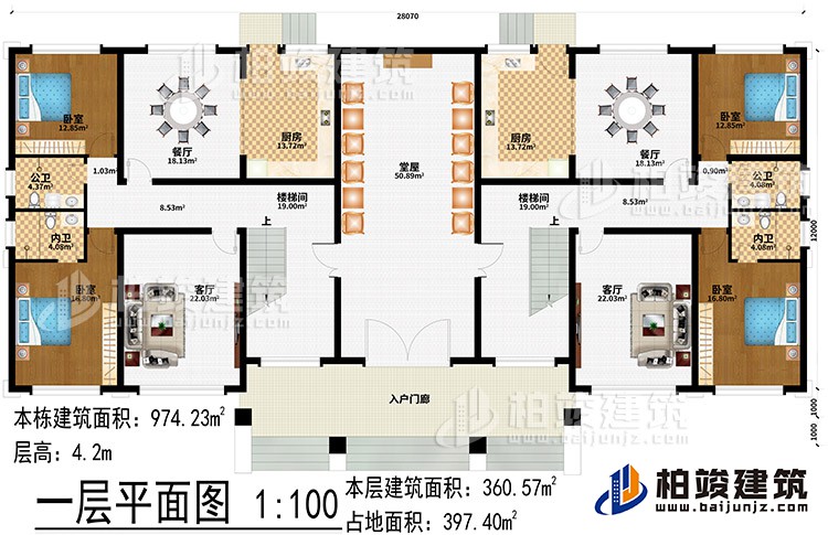 一层：入户门廊、堂屋、2楼梯间、2客厅、2餐厅、2厨房、4卧室、2公卫、2内卫