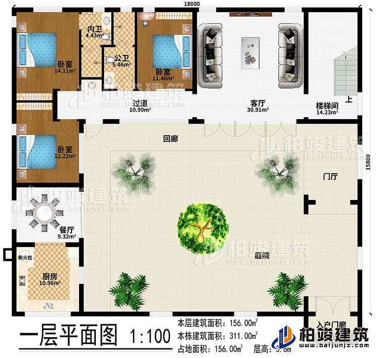 一层：入户门廊、庭院、门厅、回廊、客厅、餐厅、厨房、柴火灶、楼梯间、过道、3卧室、公卫、内卫